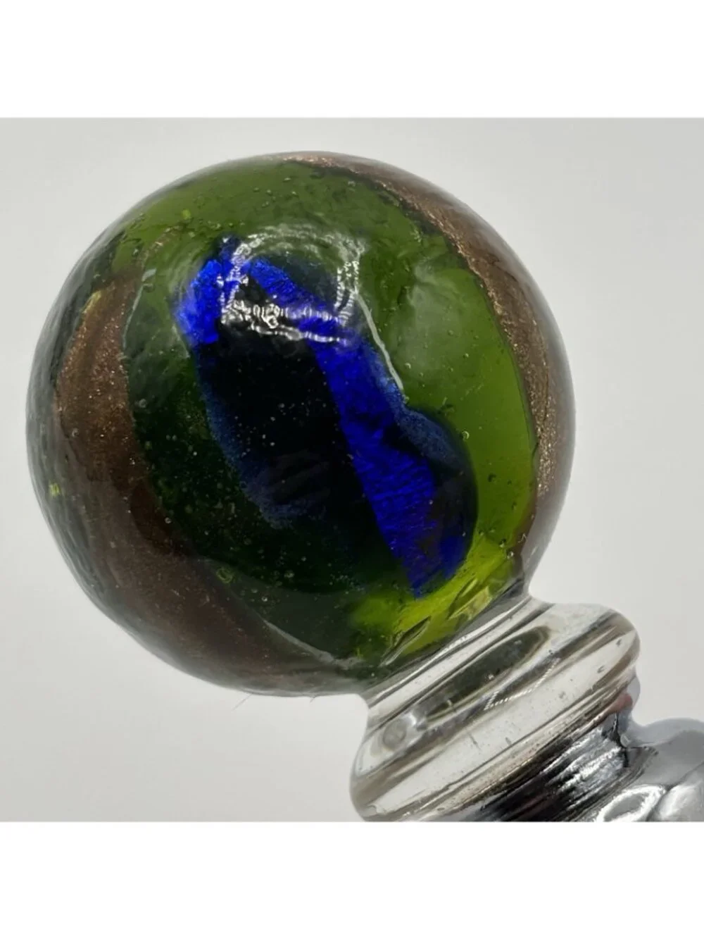 Art Glass Wine Bottle Stopper Topper Green Ball Glossy Bubbles Gold Blue Striped